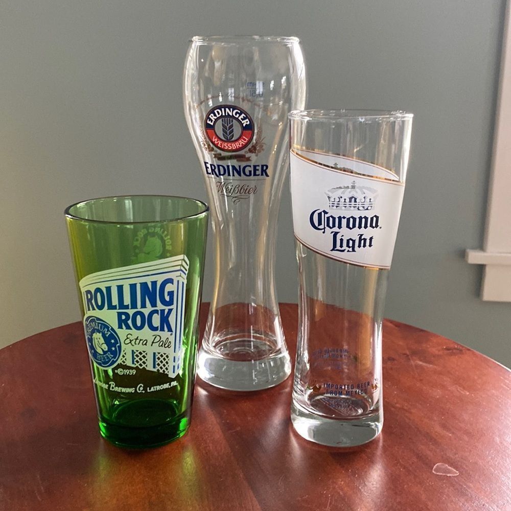 Lot of 3 Beer Glasses Rolling Rock, Corona Light and Erdinger